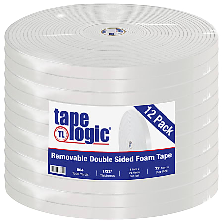Tape Logic Removable Double-Sided Foam Tape, 1" x 72 Yd., White, Case Of 12 Rolls