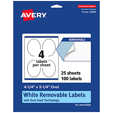 Avery® Removable Labels With Sure Feed®, 94059-RMP25, Oval, 4-1/4" x 3-1/4", White, Pack Of 100 Labels