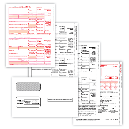 ComplyRight 1099-MISC Tax Forms, 3-Part, 2-Up, Copies A/B/C, Laser, 8-1/2" x 11", Pack Of 50 Forms And Envelopes