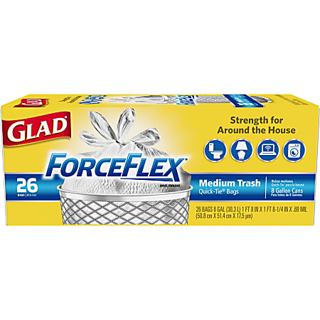 Glad Medium Quick Tie Trash Bags OdorShield 8 Gallon White Trash Bag  Febreze Fresh Clean 26 Count - Office Depot