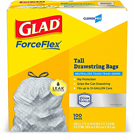 CloroxPro™ ForceFlex Tall Kitchen Drawstring Trash Bags - 13 gal Capacity - 0.90 mil (23 Micron) Thickness - Gray - 156/Carton - 100 Per Box - Kitchen, Can, Office, Breakroom, School, Restaurant, Commercial, Cafeteria