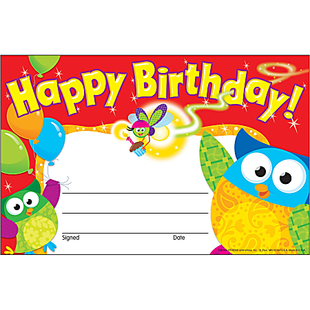 Trend Happy Birthday Owl-Stars Recognition Awards - "Happy Birthday" - 8.5" x 5.5" - Multicolor - 30 / Pack