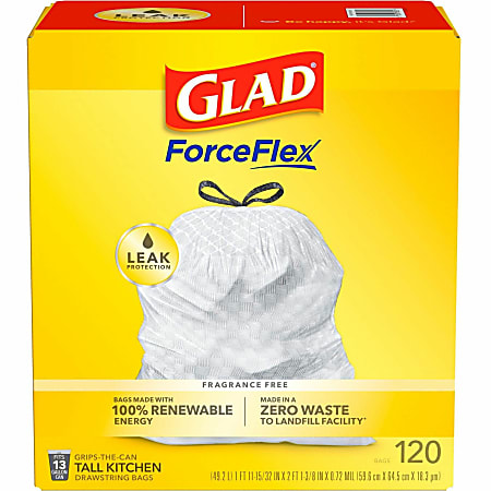 Glad ForceFlex Tall Kitchen Drawstring Trash Bags - 13 gal Capacity - 9 mil (229 Micron) Thickness - White - Plastic - 135/Pallet - 120 Per Box - Home, Breakroom, Day Care, Kitchen, Garbage