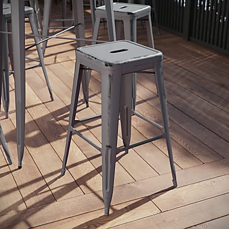 Flash Furniture Commercial-Grade Backless Distressed Indoor/Outdoor Metal Bar Stools, Set Of 4 Bar Stools, Silver