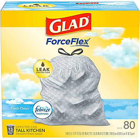 Glad® ForceFlex Tall Kitchen Drawstring Trash Bags, Febreeze Scent, 13 Gallons, White, 80 Per Box, Bundle Of 120 Boxes