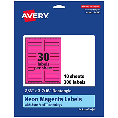 Avery® Printable Labels With Sure Feed® Technology, 94210-NMP10, Rectangle, 2/3" x 3-7/16", Matte Neon Magenta, Pack of 300