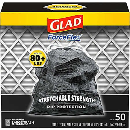 Glad ForceFlexPlus Drawstring Large Trash Bags - 30 gal - 23.74" Width x 24.88" Length x 0.90 mil (23 Micron) Thickness - Black - 3900/Bundle - 50 Per Box - Garbage, Indoor, Outdoor, Home, Office, Restaurant, Commercial