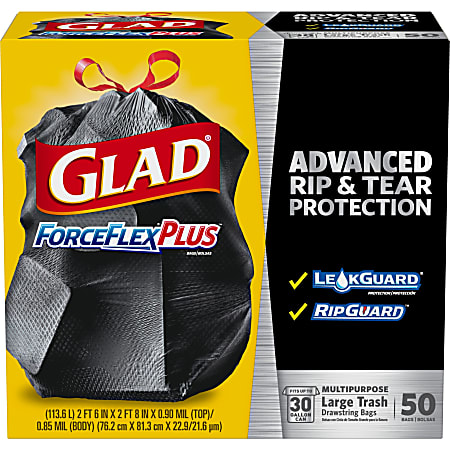 Glad® ForceFlexPlus™ Drawstring Trash Bags, 30 Gallons, Black, 50 Per Box, Carton Of 3 Boxes