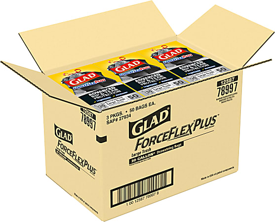 Glad ForceFlexPlus Drawstring Large Trash Bags Large Size - 30 gal - 0.90  mil (23 Micron) Thickness - Black - 50/Box - Home, Garbage, Office,  Commercial, Restaurant 