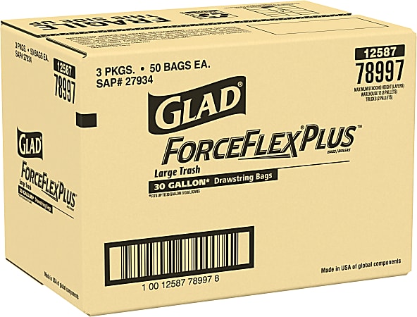 ForceFlexPlus Drawstring Large Trash Bags, 30 gal, Black, 70/Box
