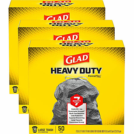 Glad® ForceFlexPlus™ Drawstring Trash Bags,  0.9 mil, 30 Gallons, Black, 50 Per Box, Carton Of 3 Boxes