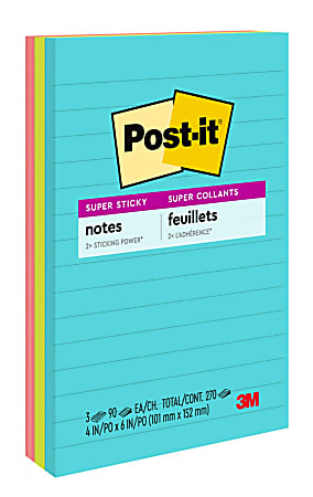 Post it Super Sticky Notes 4 in x 4 in 6 Pads 90 SheetsPad 2x the Sticking  Power Canary Yellow Lined - Office Depot