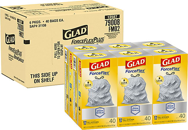 Glad ForceFlex Tall Kitchen Drawstring Trash Bags - OdorShield - 13 gal Capacity - 23.74"x 24.88" - 0.72 mil (18 Micron) Thickness - 79008CT