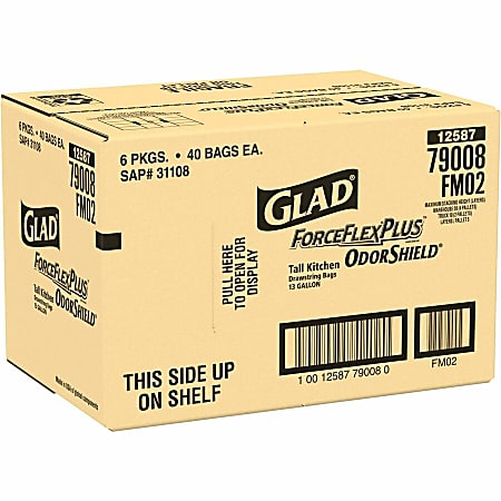 Glad ForceFlex Tall Kitchen Drawstring Trash Bags OdorShield 13 gal  Capacity 23.74 Width x 24.88 Length 0.72 mil 18 Micron Thickness Drawstring  Closure Gray 6Carton 40 Per Box - Office Depot