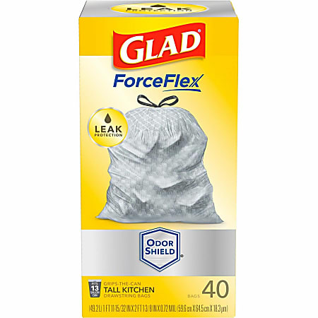 Glad ForceFlex Tall Kitchen Drawstring Trash Bags - OdorShield - 13 gal Capacity - 23.74" Width x 24.88" Length - 0.72 mil (18 Micron) Thickness - Gray - 390/Pallet - 40 Per Box - Garbage, Indoor, Outdoor, Home, Office, Restaurant, Commercial