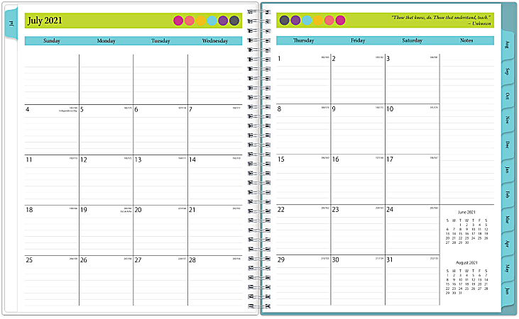 BLUE SKY Tabbed Teacher Lesson Planning Calendar July 2021 Jun 2022