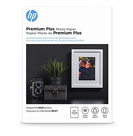 HP Premium Plus Photo Paper for Inkjet Printers, Glossy, 5" x 7", 80 Lb., Pack Of 60 Sheets (CR669A)