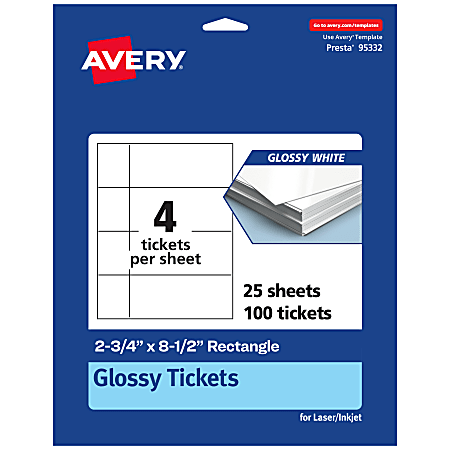 Avery® Printable Tickets, 2.75"x8.5", Glossy White, Pack Of 100