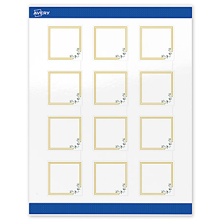 Avery® Print-To-The-Edge Labels & Sure Feed®, S00-DMS-PRWGP10, 2" x 2", Glossy White, Preprinted Double Gold Border & Floral Design, Pack Of 120