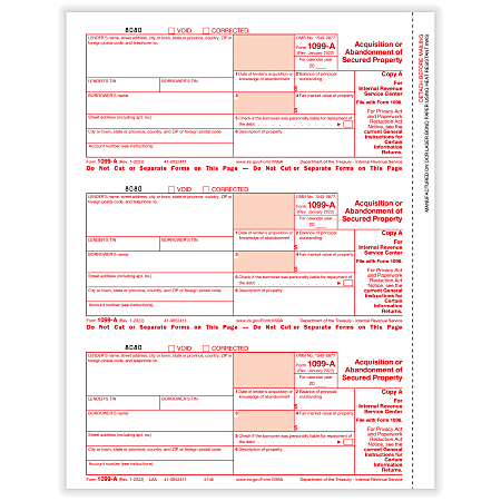 ComplyRight™ 1099-A Tax Forms, 3-Up, Federal Copy A, Laser, 8-1/2" x 11", Pack Of 150 Forms
