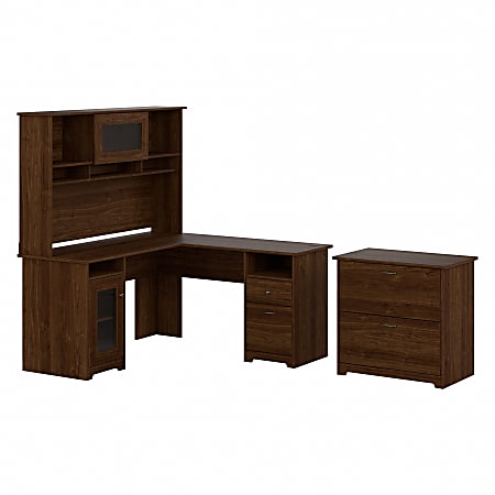 Bush Furniture Cabot 60"W L-Shaped Computer Desk With Hutch And Lateral File Cabinet, Modern Walnut, Standard Delivery