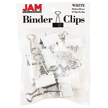 JAM Paper® Designer Binder Clips, Medium, 3/4" Capacity, White, Bag Of 15 Clips