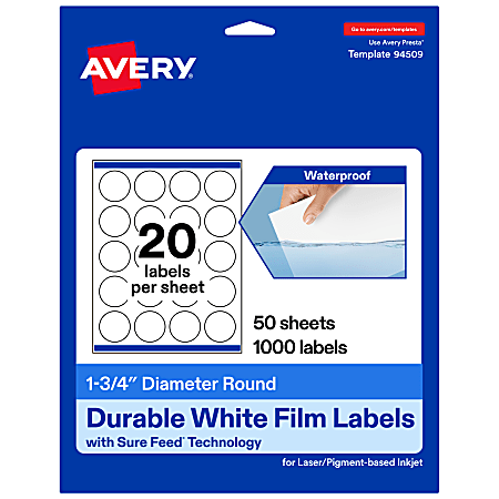 Avery® Waterproof Permanent Labels With Sure Feed®, 94509-WMF50, Round, 1-3/4" Diameter, White, Pack Of 1,000
