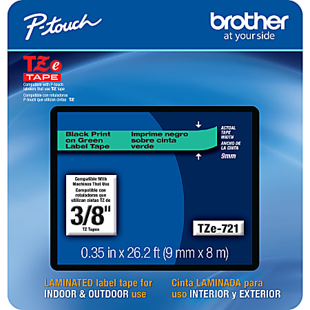 Brother® TZE721CS Genuine P-Touch Laminated Label Tape, 3/8" x 26-1/4', Black/Green