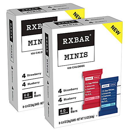 RXBAR MINIS Strawberry + Blueberry Bars, 0.9 Oz, 8 Bars Per Box, Pack Of 2 Boxes