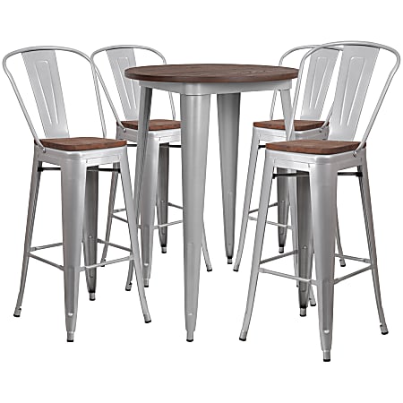 Flash Furniture Round Metal Bar Table With 4 Stools, 42" x 30", Silver