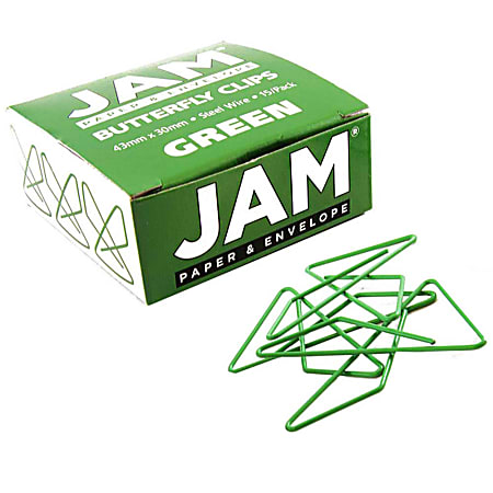 JAM Paper® Butterfly Clips, Large, 1" Capacity, Green, Pack Of 15 Clips