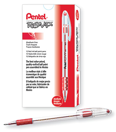 Pentel® R.S.V.P.® Ballpoint Pens, Medium Point, 1.0 mm, Clear Barrel, Red Ink, Pack Of 12