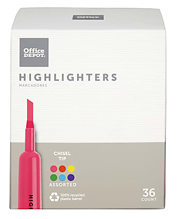 Office Depot® Brand Chisel-Tip Highlighter, 100% Recycled Plastic, Assorted Fluorescent Colors, Pack Of 36