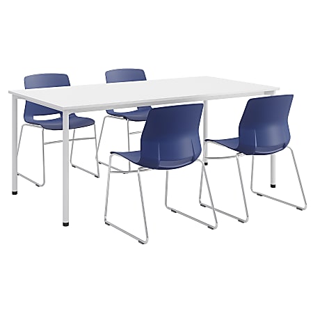KFI Studios Dailey Table Set With 4 Sled Chairs, White Table/Navy/Silver Chairs