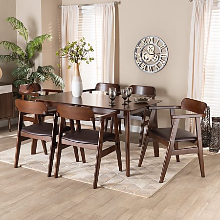 Baxton Studio Cleo 7-Piece Dining Set, 29-15/16”H x 59-1/8”W x 35-7/16”D, Espresso/Dark Brown