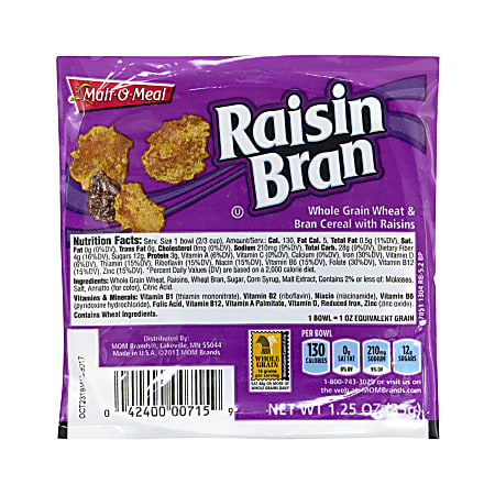 Malt-O-Meal Raisin Bran Cereal Bowls, 1 Oz, Pack Of 96 Boxes