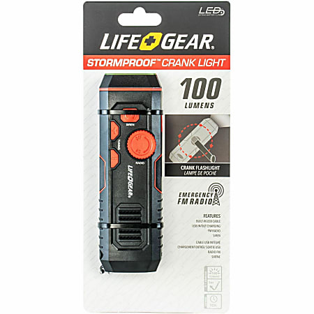 Life+Gear 120-Lumen Rechargeable Stormproof USB Crank Flashlight And Radio, 6-1/4” x 2”, Black/Red