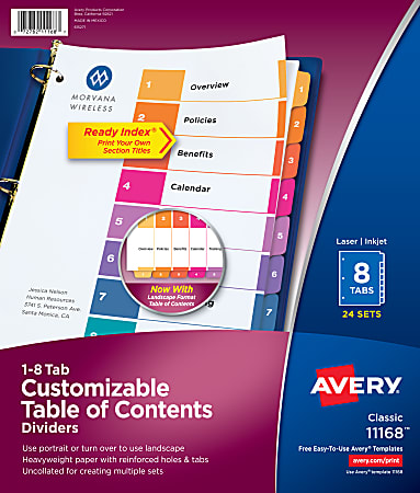 Avery® Ready Index® 1-8 Tab Binder Dividers With Customizable Table Of Contents, 8-1/2" x 11", 8 Tab, White/Multicolor, Box Of 24 Sets