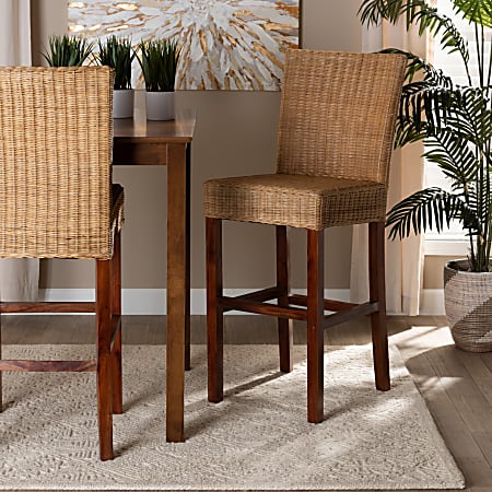 bali & pari Racquel Natural Rattan And Mahogany Wood Bar Stool, Natural Brown