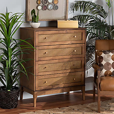Baxton Studio Ramiel Finished Wood And Rattan 4-Drawer Chest, 37-3/4”H x 30-1/8”W x 15-3/4”D, Natural Brown/Gold