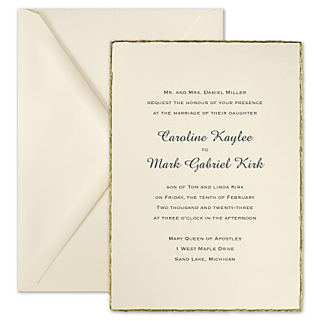 Custom Premium Wedding & Event Invitations With Envelopes, 5-1/2" x 7-3/4", Deckled In Gold, Box Of 25 Invitations