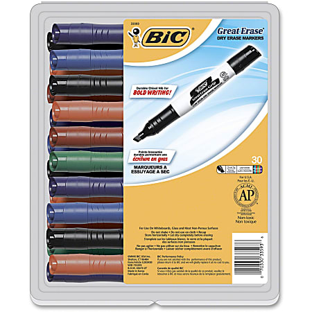 BIC Great Erase Chisel Point Whiteboard Markers - Chisel Point Style - Black, Blue, Green, Orange, Purple, Red - 30 / Set