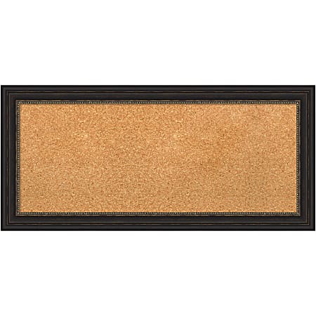 Amanti Art Rectangular Non-Magnetic Cork Bulletin Board, Natural, 34” x 16”, Accent Bronze Narrow Frame