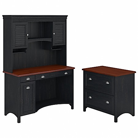 Bush Furniture Fairview 49"W Computer Desk With Hutch And 2 Drawer Lateral File Cabinet, Antique Black/Hansen Cherry, Standard Delivery