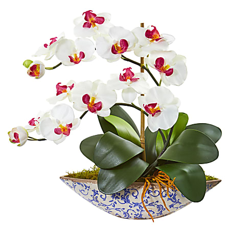 Nearly Natural Phalaenopsis Orchid 16”H Artificial Floral Arrangement With Vase, 16”H x 18-1/2”W x 9”D, White