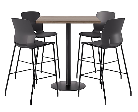 KFI Studios Proof Bistro Square Pedestal Table, Includes 4 Stools, 43-1/2”H x 42”W x 42”D, Studio Teak Top/Black Base/Black Chairs - 840031941770
