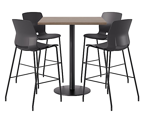 KFI Studios Proof Bistro Square Pedestal Table With Imme Bar Stools, Includes 4 Stools, 43-1/2”H x 42”W x 42”D, Studio Teak Top/Black Base/Black Chairs