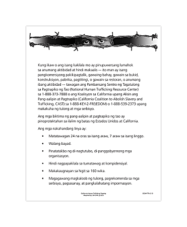 ComplyRight™ State Specialty Poster, Human Trafficking, Tagalog, California, 8-1/2" x 11"