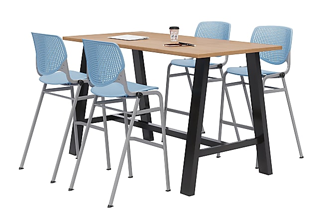 KFI Studios Midtown Bistro Table With 4 Stacking Chairs, 41"H x 36"W x 72"D, Kensington Maple/Sky Blue