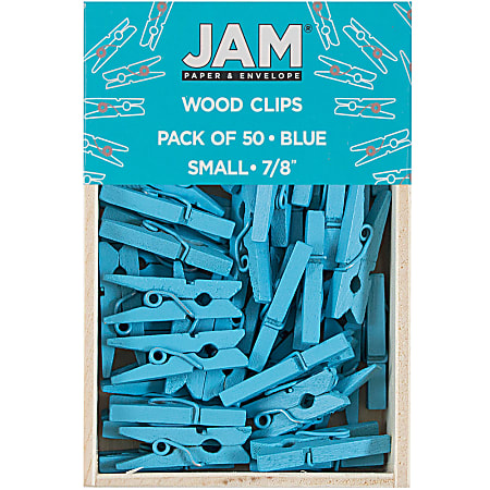 JAM Paper® Wood Clip Clothespins, 7/8", Blue, Box Of 50 Clothespins